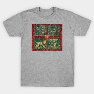 GREENERY FOREST ANIMALS ,LION ,FOX,PHEASANT AND DOES Red Green Floral Tapestry T-Shirt